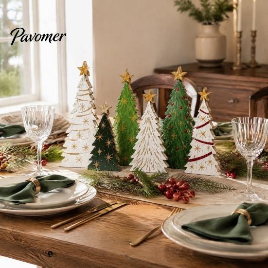 Handcrafted Xmas Gifts for Friends 6Pcs Wooden Christmas Tree Tabletop Decor Set, Rustic Star Topped Natural Wood Tiered Tray Mini Figurines,