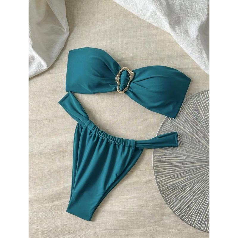 Women S Metal Ring Strapless Solid Color Two Piece Bikini Swimsuit