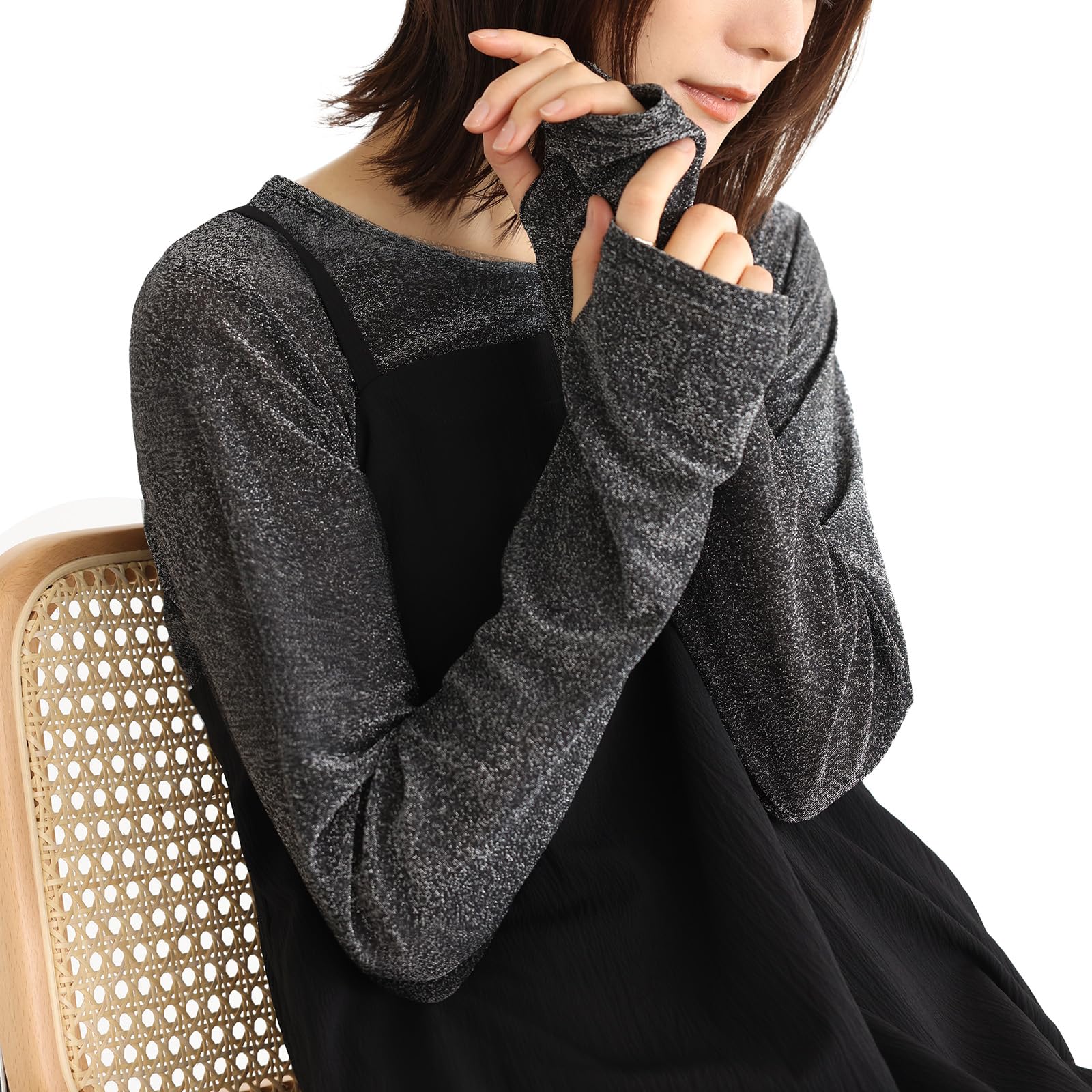 

Oshare Walker Sheer Crew Neck Long Sleeve Top with and Finger Perfect for Stylish and Product 13tm08b n OrLABEL [Glitter Top] Women s Glitter, Sheer, чёрный