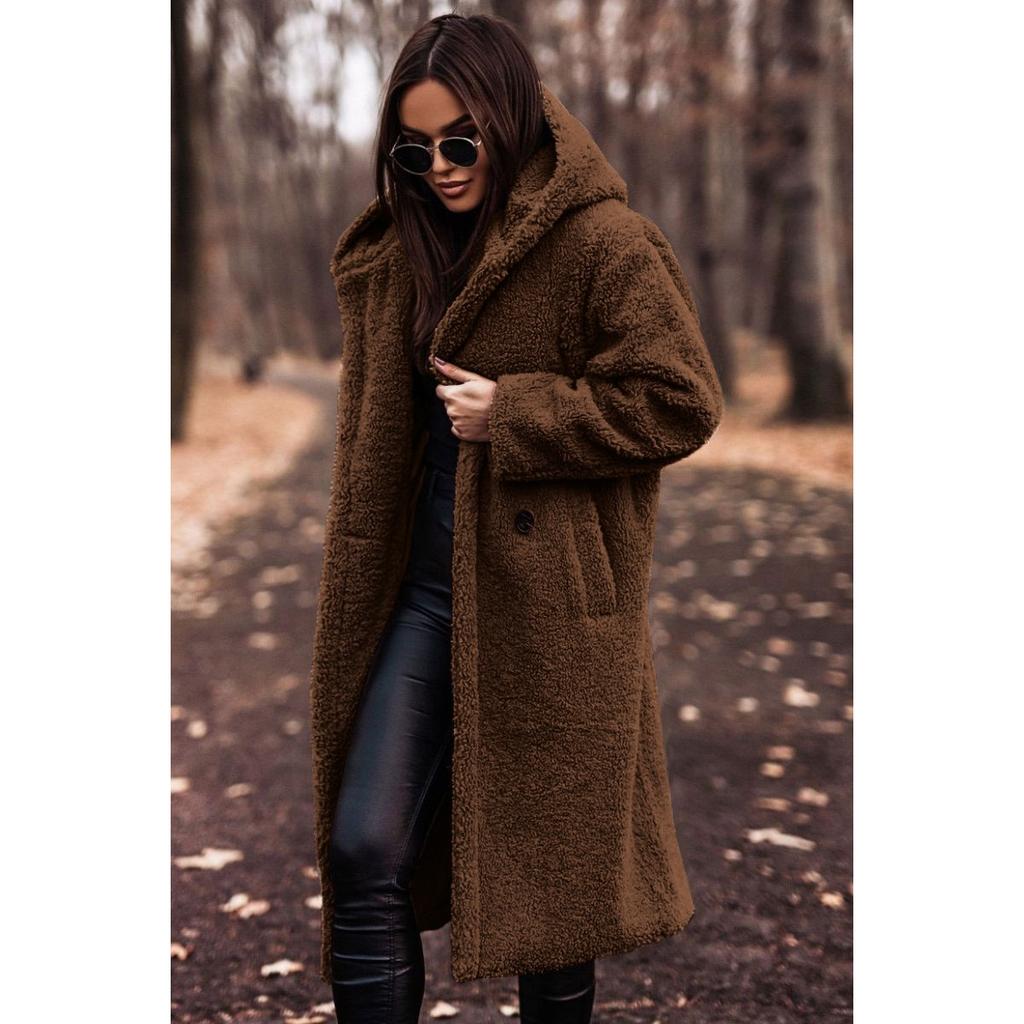 Damen Kapuzen Langarm Teddy Mantel Lockerer Schnitt Alpaka Fleece Tasche Winter Freizeit Übermantel