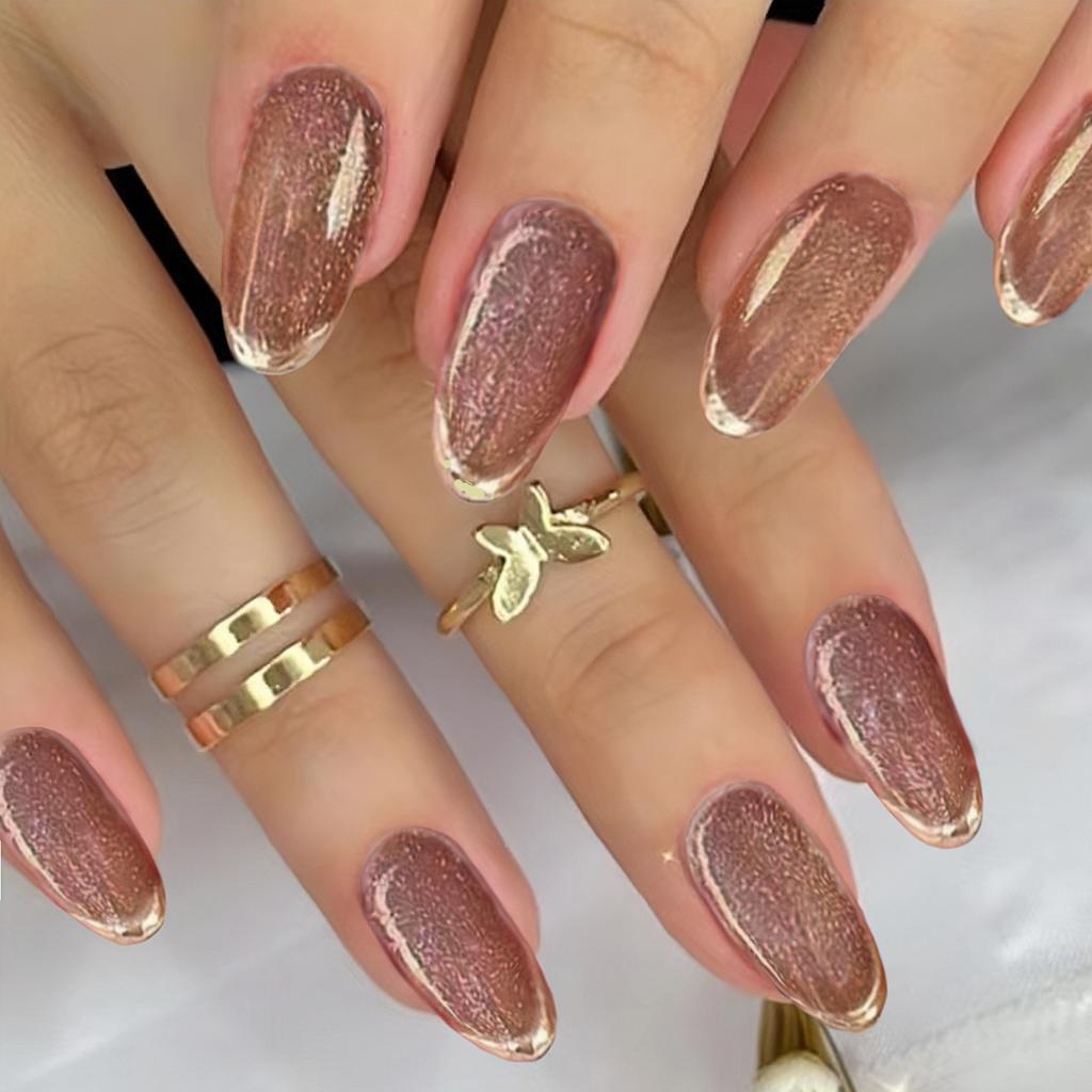 24pcs Glossy Nude Glitter Press On Nails with Golden Edge and Full Cover Medium Oval Design - Easy To Apply and Remove with Glue Sticker and Nail File