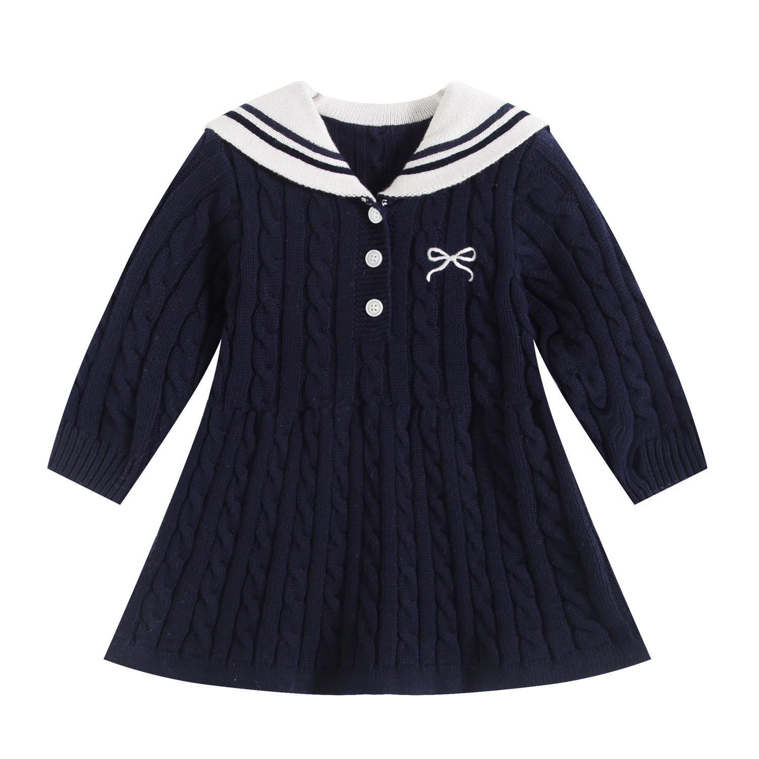

Baby Girl Cotton College Style Knit Bow Princess Dress for Autumn and Winter 73 cm королівський синій колір