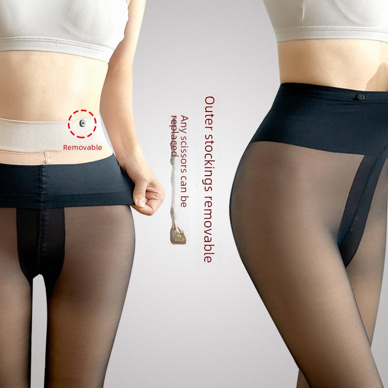 Women's Double-Layer Nude Pantyhose with Removable Button, Plus Velvet for Autumn and Winter