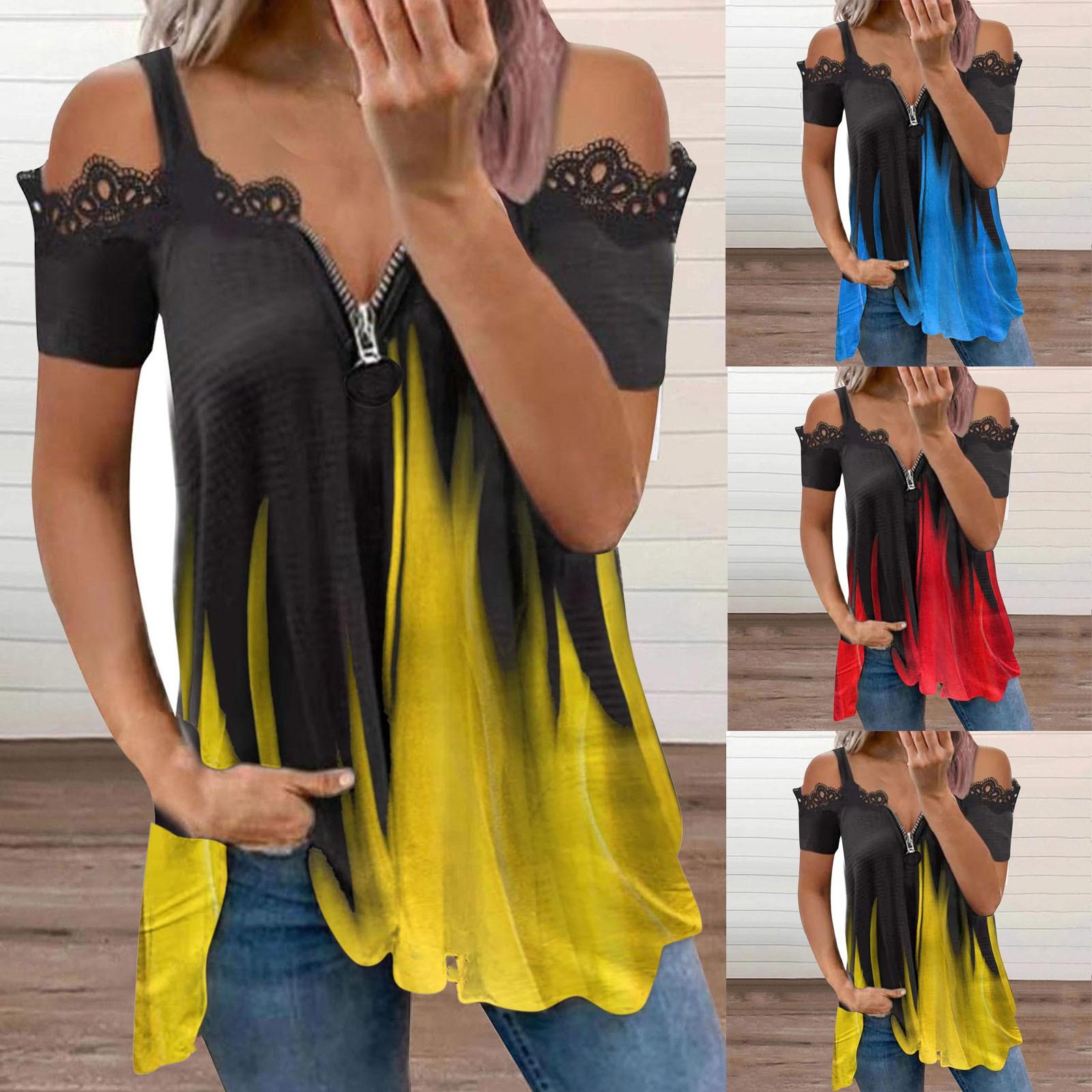 

Мода Женская свободная молния V-образный вырез Кружева Halter Печать Сращивание Топы