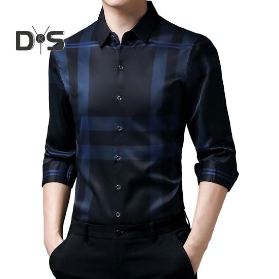 

Мужская клетчатая деловая рубашка, удобная стильная тонкая стильная верхняя одежда для путешествий, мужские рубашки на весну и осень L темно-синий