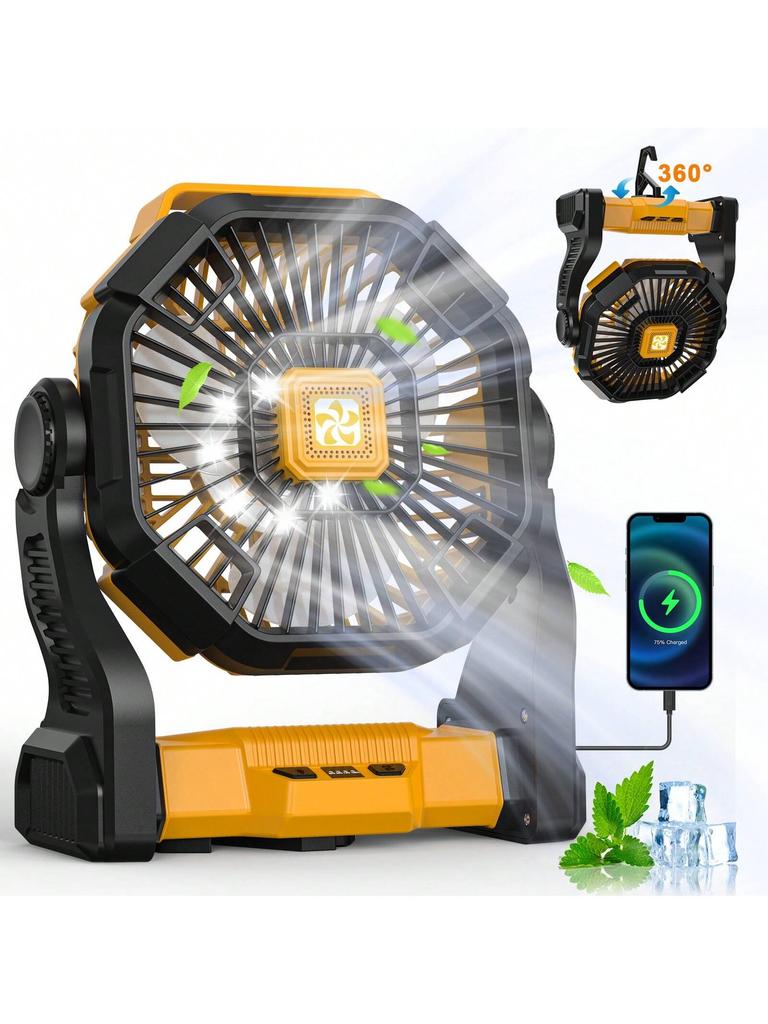 Cold Air Battery Powered Fan With LED Lantern,Dual Motor Camping Fan, 4-Speed Adjustable Desktop Fan With Hook