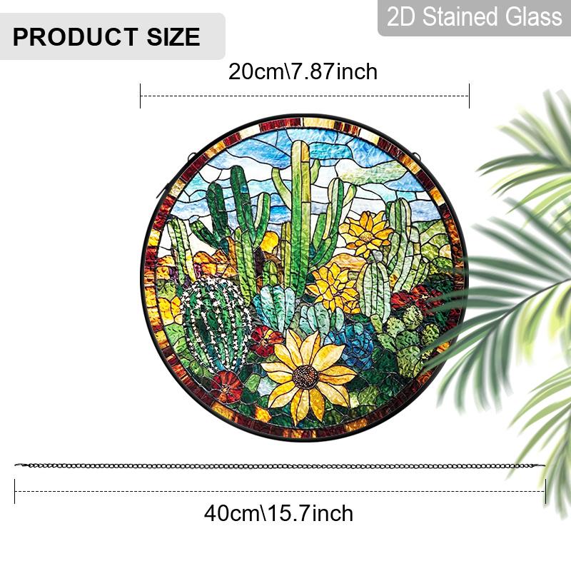 2D Flat Stained Glass Green Cactus Flower Window Decoration, 6.3/7.87inches Colored Glass Plate with Chain, Charming Spring Summer Sun Catcher Home