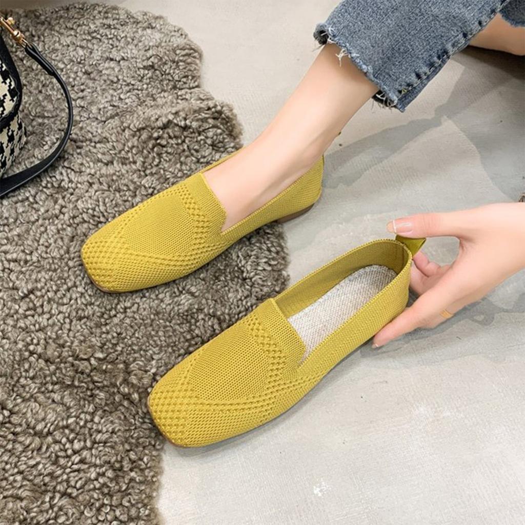 Women Slip On Casual Flat Shoes Metal Buckle Loafers Comfortable Lightweight Breathable Knit Fabric Large Size
