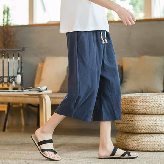 Men Summer Pants Drawstring Elastic Waist Solid Color Mid-calf Length Pockets Daily Wear Wide Leg Plus Size Men Summer Trousers Men Clothes