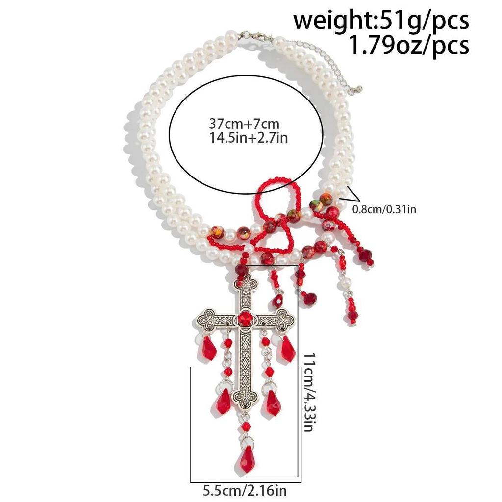 Salircon Goth Imitation Pearl Red Crystal Blood Drop Tassel Necklace Women Exaggerated Big Cross Pendant Chain Halloween Jewelry