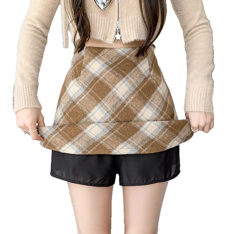 Women's Red Plaid Wool Midi Skirt: Spring Autumn Winter 2024, Slimming High Waist, A-line Bodycon Mini