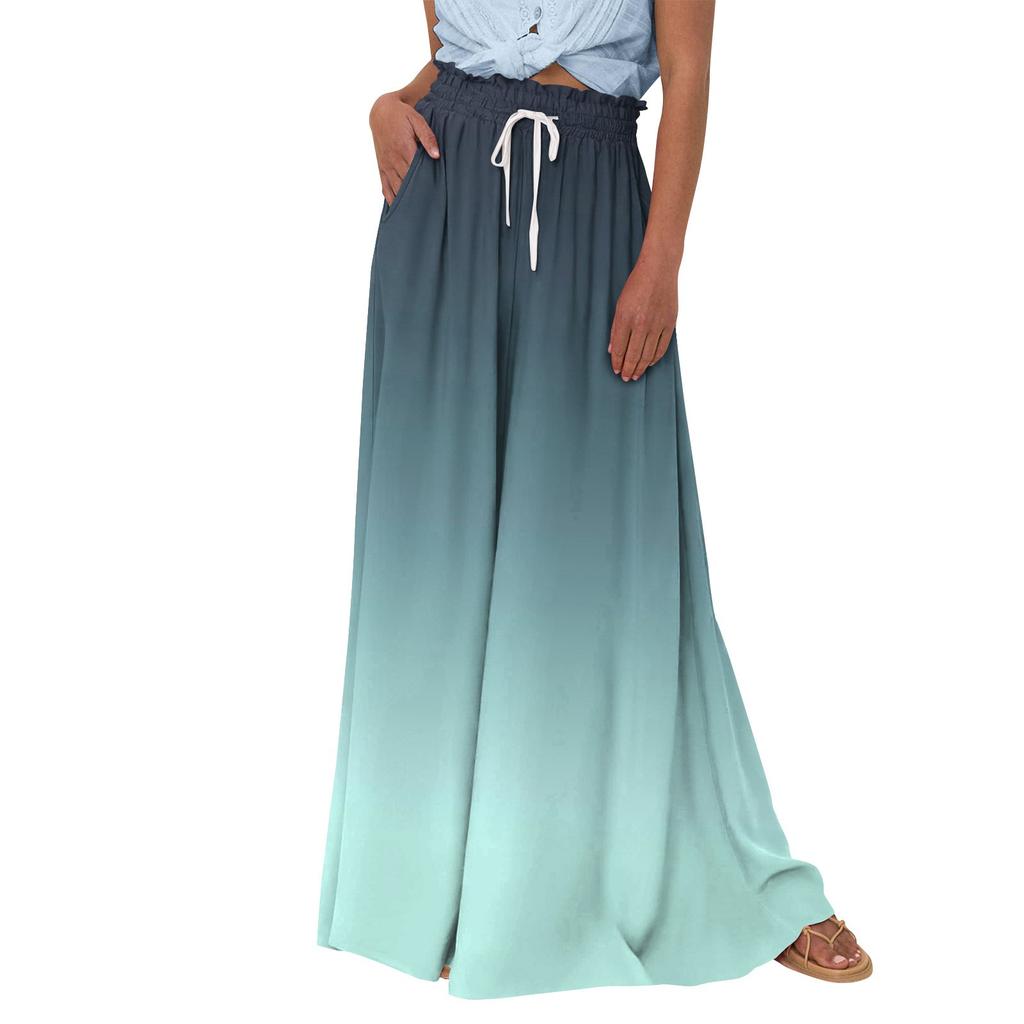 Damskie spodnie z szerokimi nogawkami i wysokim stanem Letnie, luźne spodnie palazzo z nadrukiem Spodnie plażowe z kieszenią