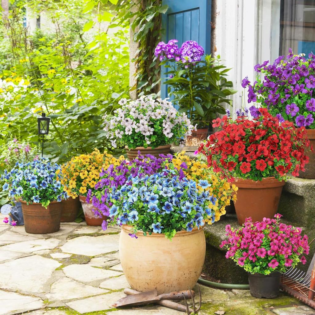 SOMYTING Artificial Azalea Flowers Outdoor 8 Bundles Fake Flowers Faux Plastic Eucalyptus Plants UV Resistant Silk Flower Shrubs for Garden Porch