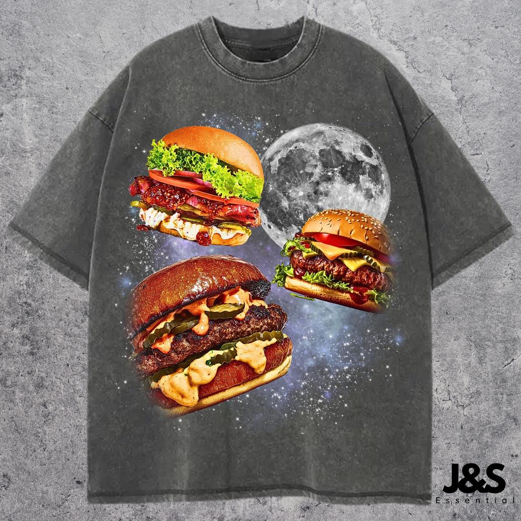 Three Burger Moon Shirt, Funny Fast Food T-shirt, Retro Galaxy Burger Tee, Unique Celestial Snack Top, Cheeseburger Lover Gift