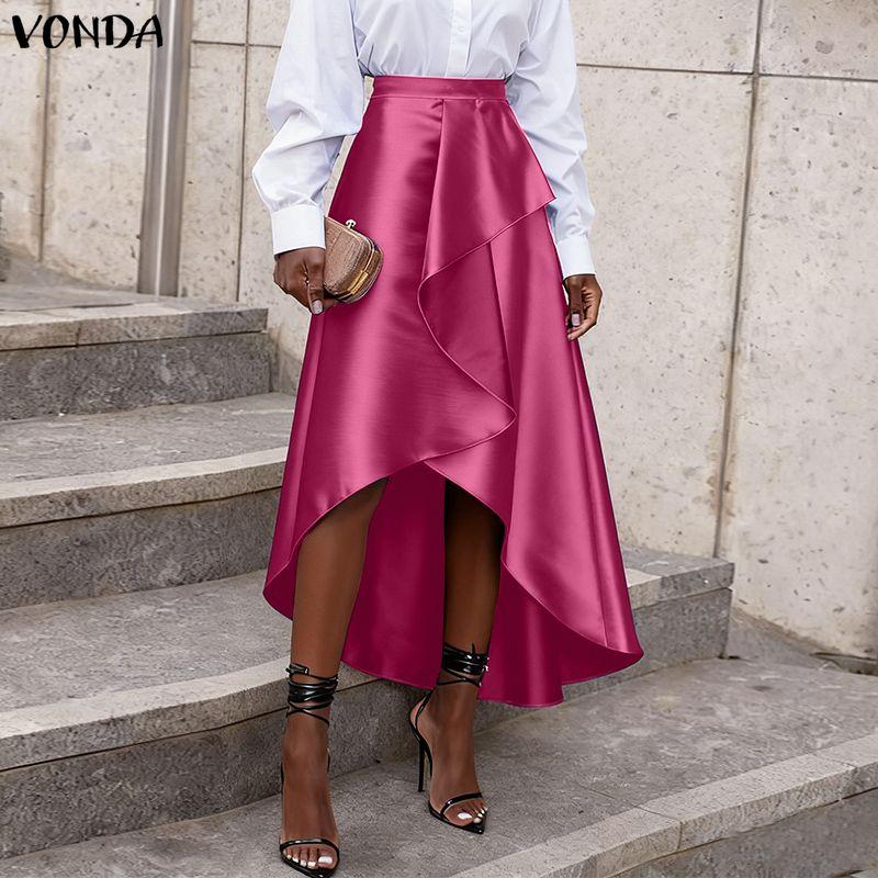 VONDA Elegant Women Side Zip-up Waist Layers Ruffled Irregular Casual Party Satin Skirts Dress