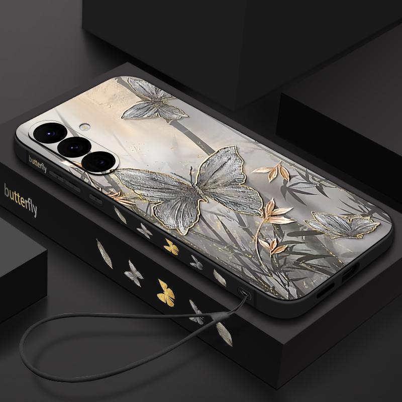Lanyard Case For Samsung Galaxy S25 Ultra S24 S23 S22 Plus S21 FE A15 A16 A35 A36 A54 A55 A56 5G Bamboo Butterfly Printed Case Capa Coque