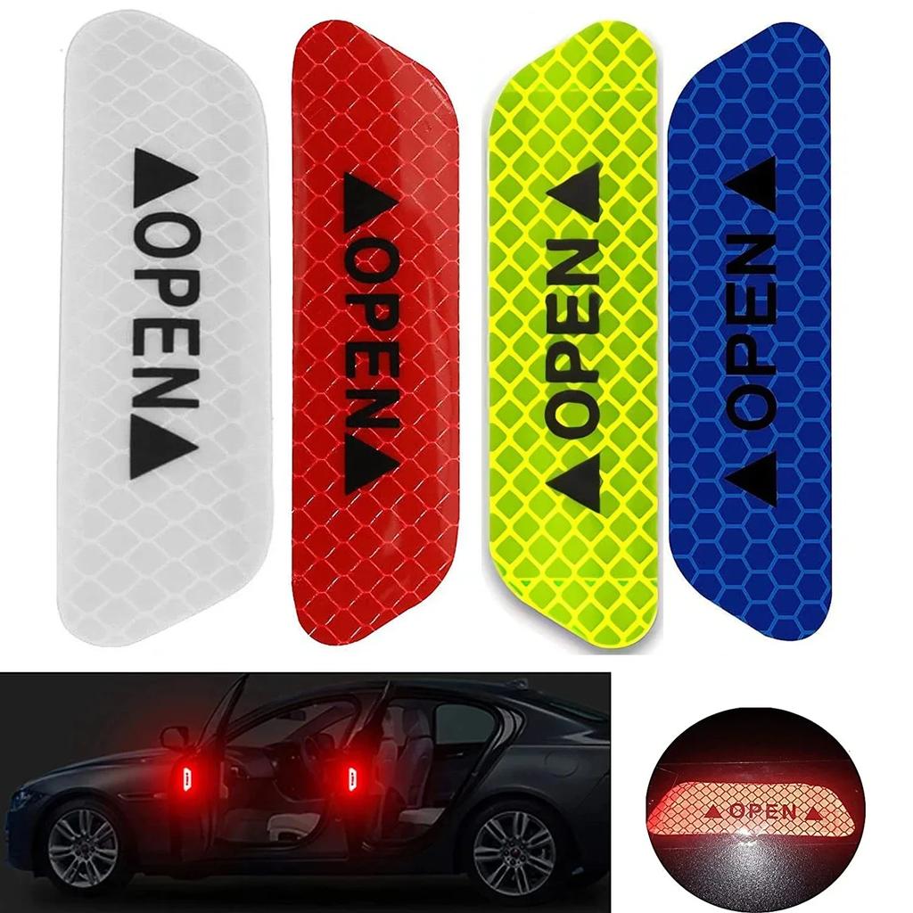 4PCS Car Door Stickers Universal Safety Warning Mark OPEN High Reflective Tape For Auto Accessories Exterior Bike Helmet