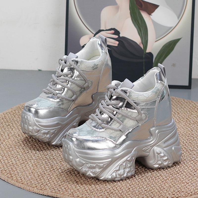 Fashion 14CM Air Mesh Synthetic Genuine Leather Platform Wedge Flats Women Vulcanize Hollow Summer Chunky Sneakers Shoes