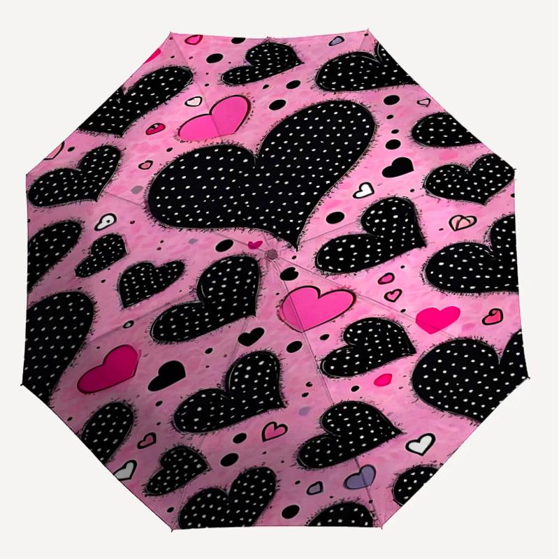 1PC Heart Pattern Umbrella-8-Rib Reinforced, Automatic Open, Lightweight & Durable, Fashion Accessory for Outdoor, J0365