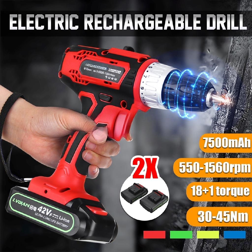 42V Cordless Rechargeable 7500mAh Battery Electric Drill Impact Wrench 2 Speed Screwdriver
