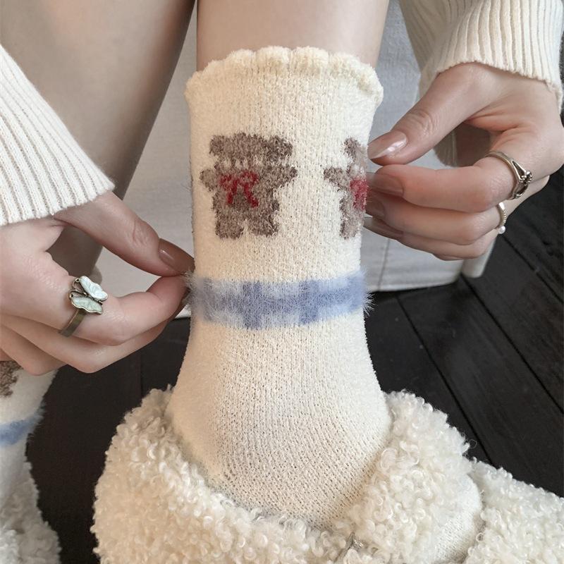 Baby Fleece Is Coming~ Jiefiti Thickened Thermal Socks Plaid Bow Cartoon Bear Stacking Socks