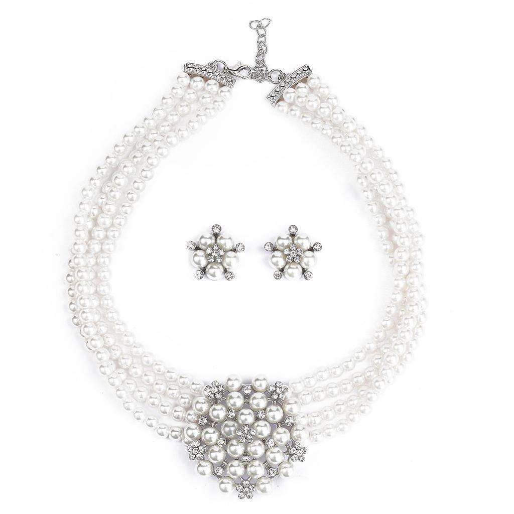 Schmuckset Damen Mehrreihige Perlenkette Ohrringe Dreiteilig Braut Hochzeitskleid Accessoires Vielseitig