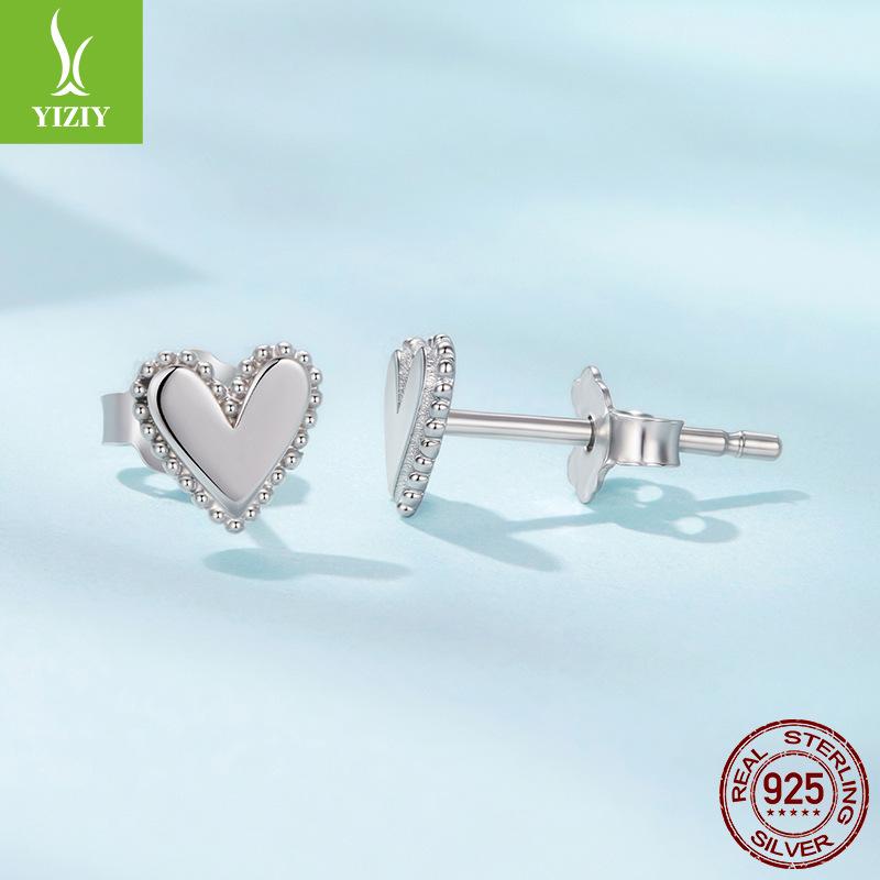 Mini Lace Love Plain Silver Stud Earrings Simple Versatile S925 Sterling Silver Delicate Heart Stud Earrings