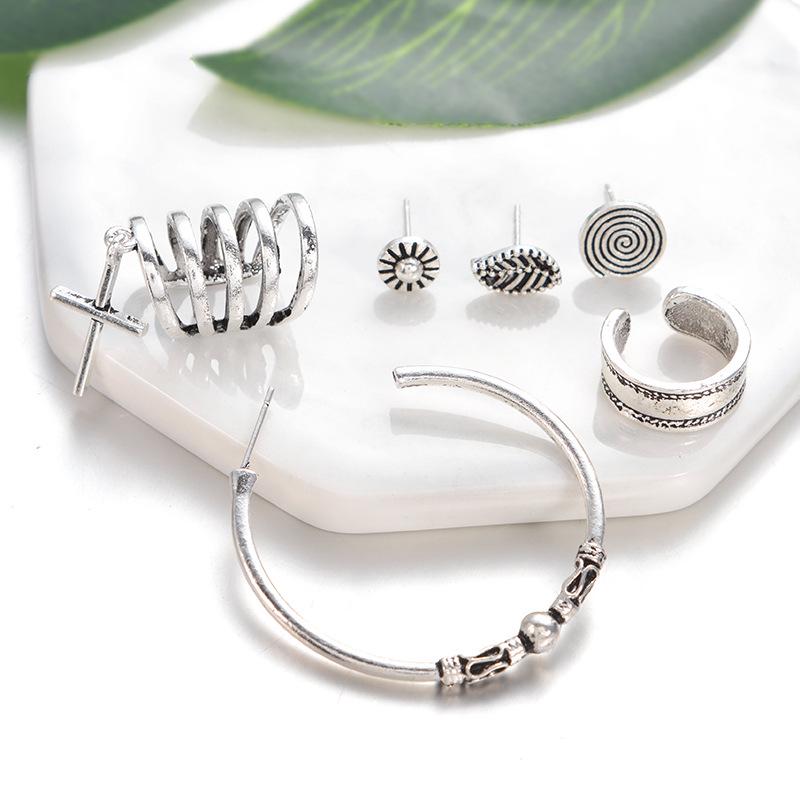 New Vintage Cross Threaded Leaf C-Shaped 6-Piece Earring Set