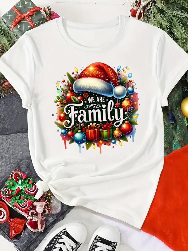 (Asian Size) Print merry Christmas o-neck Women's Top new year T Clothing tree sweet 90s  Short Sleeve T-shirts Fashion holiday Graphic Tee