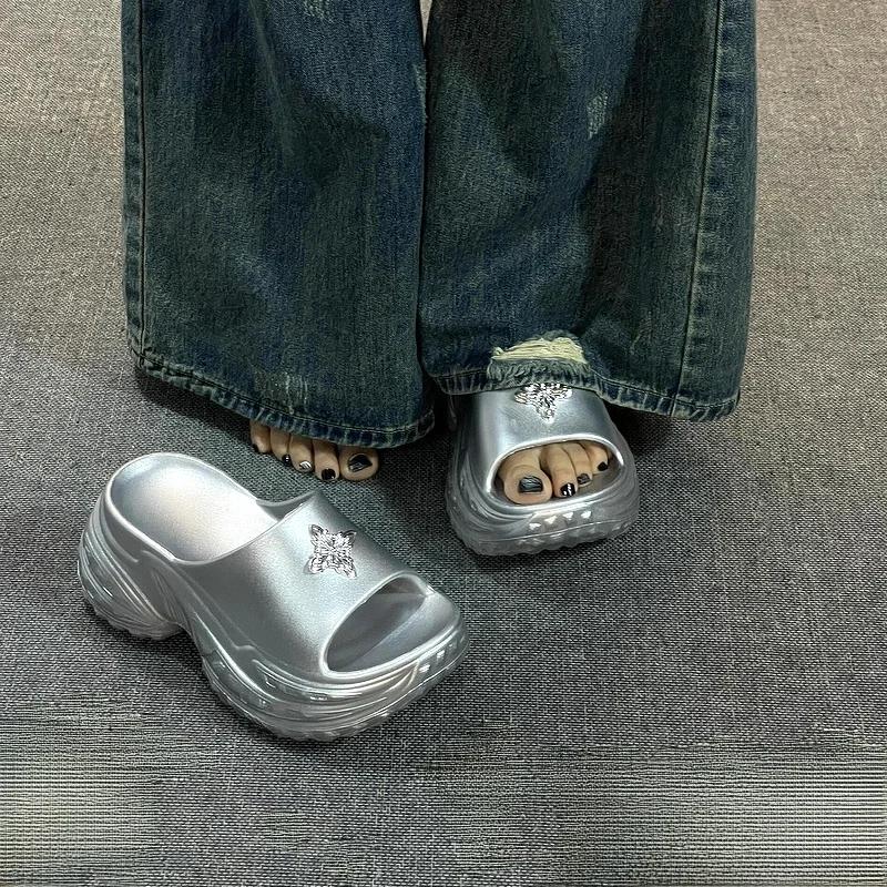 Silver Thi Heel Slippers Women's High Heel Outdoor Wear-Resistant Anti-Slip Odor-Proof Summer Outdoor Slippers