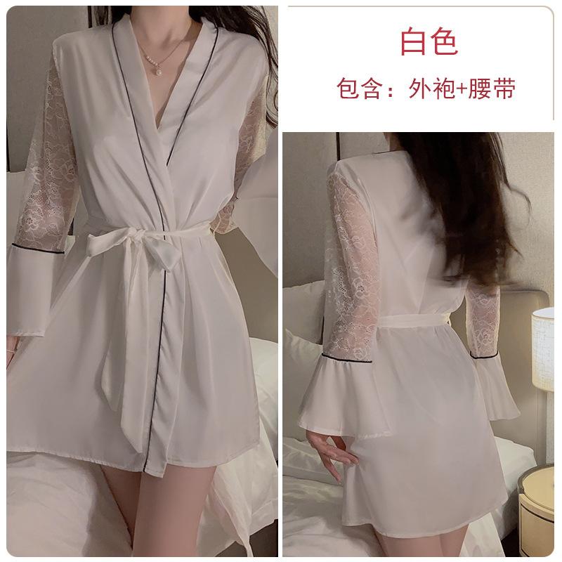Satin Embroidered Lace Plus Chest Pad Slim Suspender Nightdress Belt Robe Women's Loungewear Set