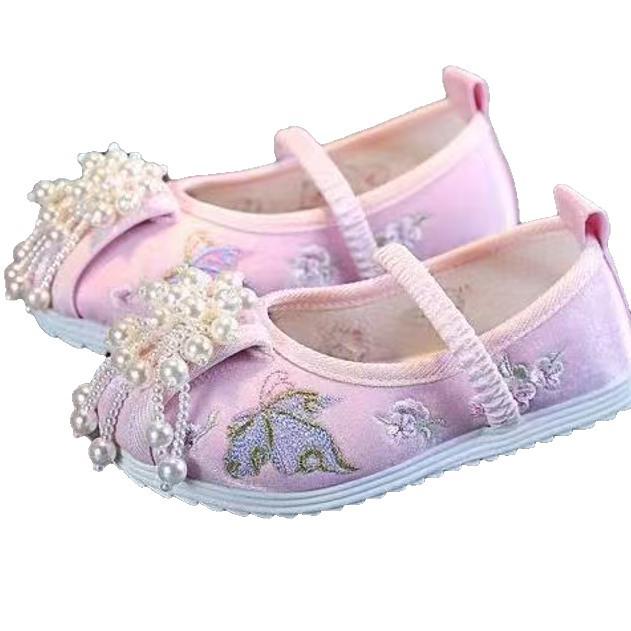 Girls' Embroidered Chinese Style Cloth Shoes - Handmade Old Beijing Hanfu Shoes for Children