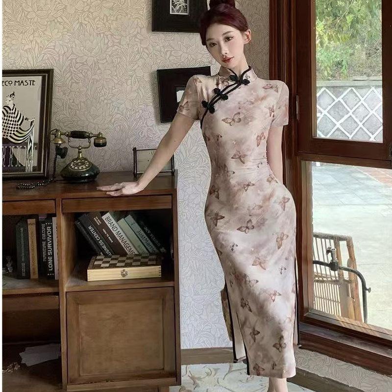 Chinese-style modified qipao printed dial button dress for women, summer wholesale slim-fit, waist-cinching, slit long dress