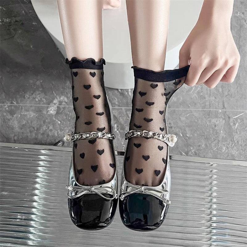5 Pairs of Women's Spring and Summer Striped Lace Love Glass Silk Socks