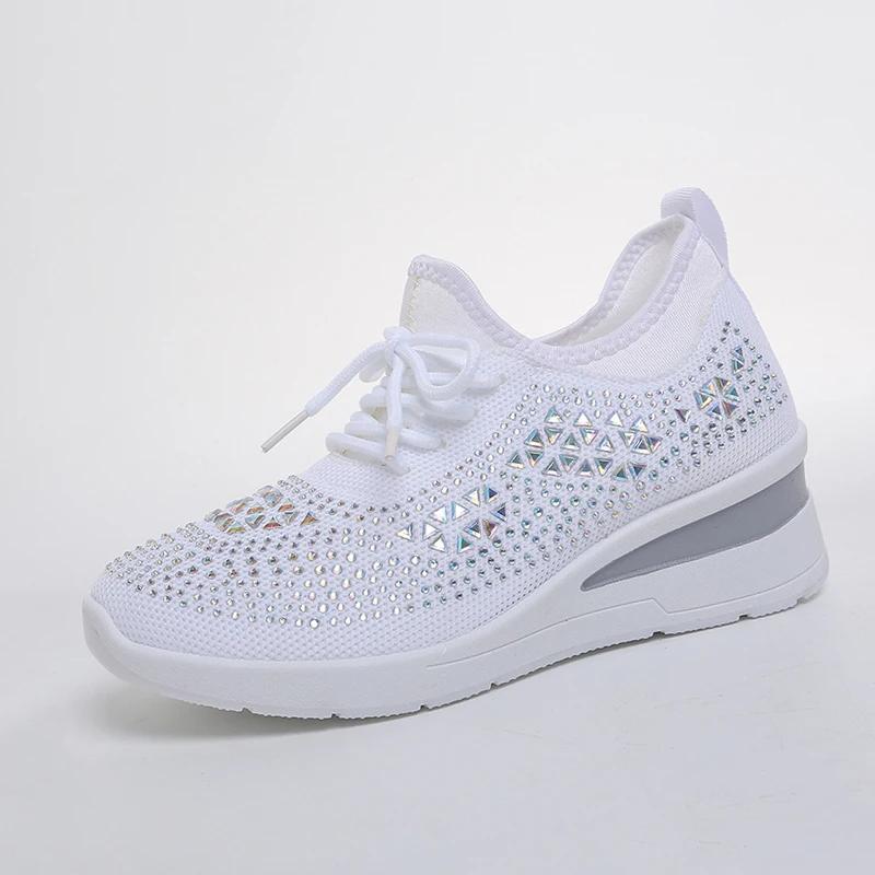 Ladies Four-Season Mesh Platform Shoes Bling Triangle Rhinestone Soft Rubber Sole Casual Daily Sneakers