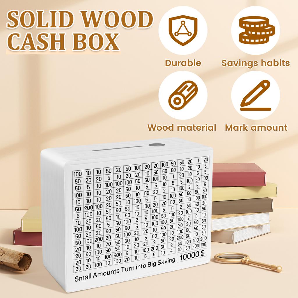 Money Saving Box Wooden Money Boxes One Piece Designed Money Boxes with Stickers Two Slots with Saving Goal and Numbers Boxes