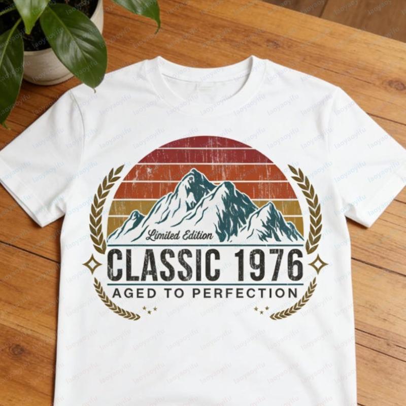 

50th Birthday Tee Men Women 1976 Classic Mountain Sunset Cotton Shirts Personalized Year Oneck Tops Birthday Gift For Father... S разноцветный