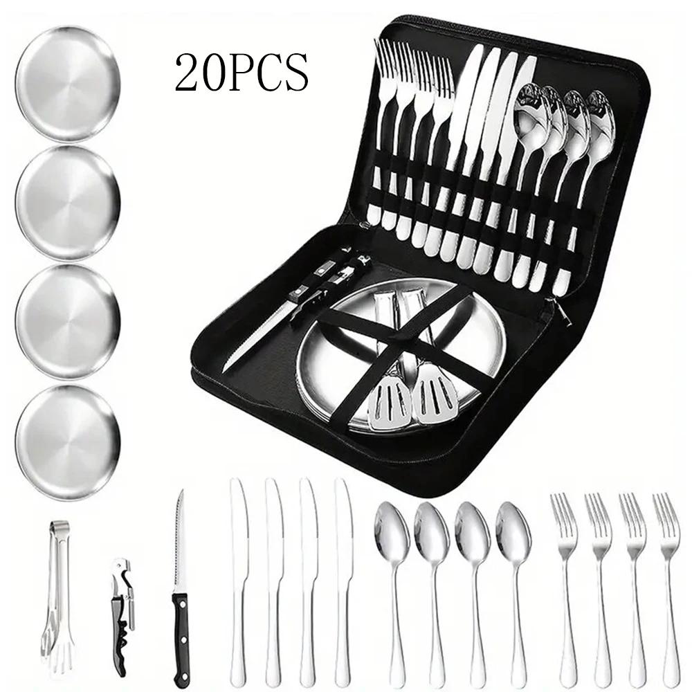 10/20Pcs Outdoor Camping Cutlery Organizer Utensil Picnic Portable Set Stainless Steel Plate Spoon Knife Fork Tongs Hiking