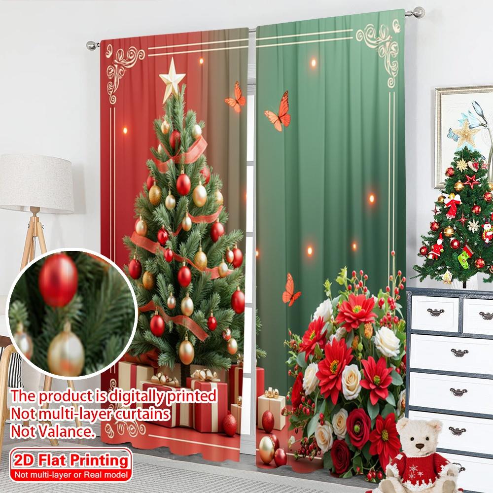 2pcs 2D Flat Printing Christmas Window Curtains Christmas Tree Poinsettias Butterflies 100% Polyester Fabric Without Electricity