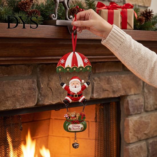 Holiday Wall Hanging Decor Christmas Skydiving Santa Claus/Gingerbread Man Ornament, 2D Flat Wooden Pendant with Festive Tree Pendants String and Bell
