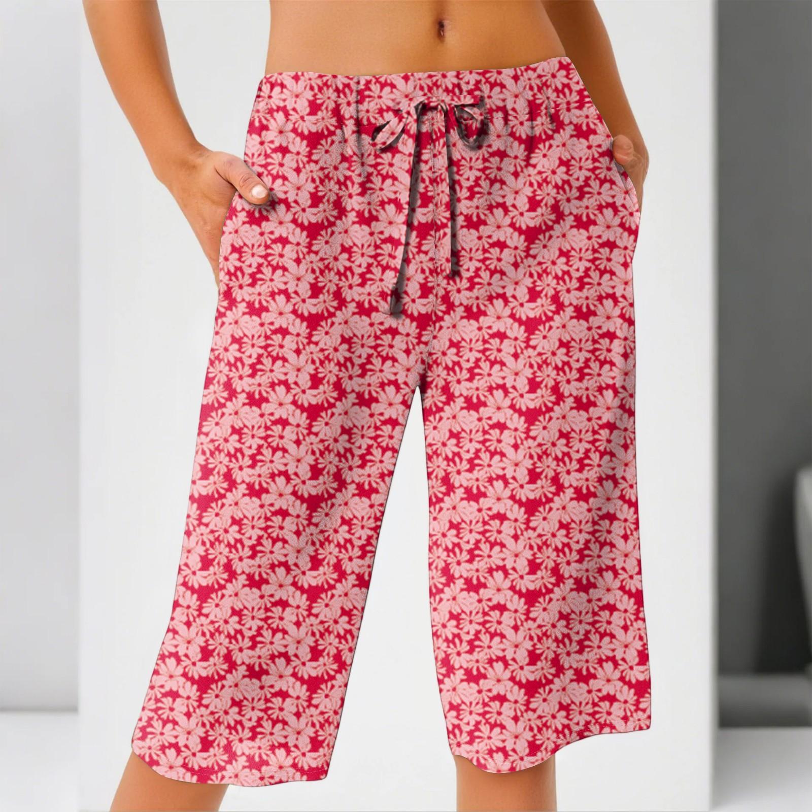 Women s Summer Elastic Waist Printed Cotton And Linen Loose Shorts M