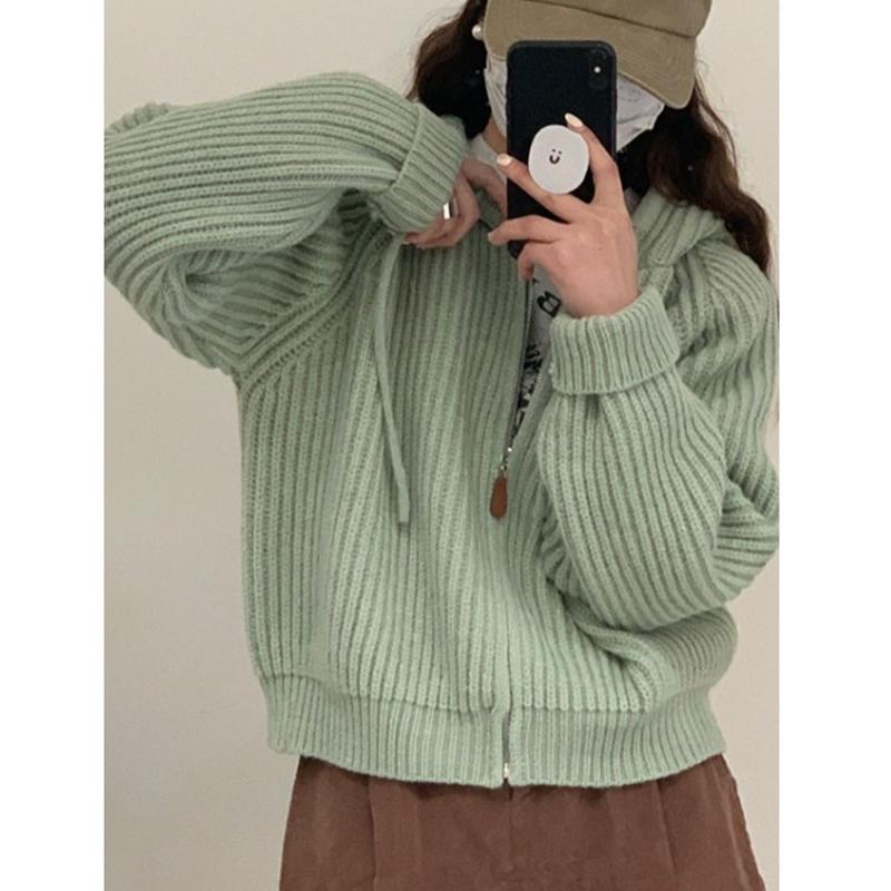 Autumn Winter Women Hooded Zipper Knitted Sweater New Loose Long Sleeved Cardigan Jackets Short Coats Sweet Casual Elegant Solid Color Clothing