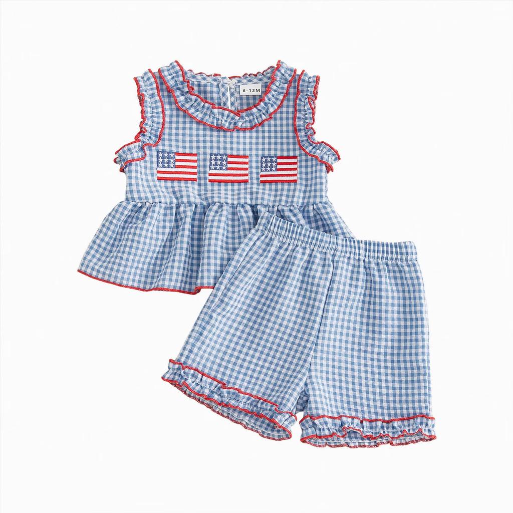 Toddler Girls Sleeveless Top and Shorts Set Gingham Pattern Embroidered Flag Detail Summer Outfit Lightweight Breathable Fabric