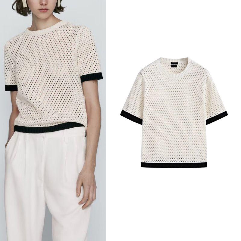 MD Spring New round Neck Work Clothing Plaid Pure Cotton Patchwork Hollow-out Short Knitwear T-shirt 5739683