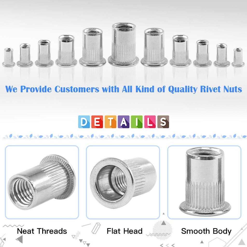 180Pcs 304 Stainless Steel Flat Head Threaded Nut Insert Nutsert  Nut Assortment Kit - M3  M5 M6 M8 M10