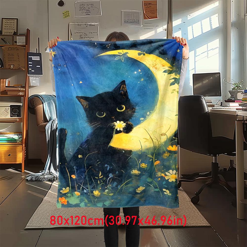 

1Pc Moon Cat Print Flannel Blanket, High quality Digital Printing, Comfortable for All Seasons, Home DecorGifts821025 80x120cm