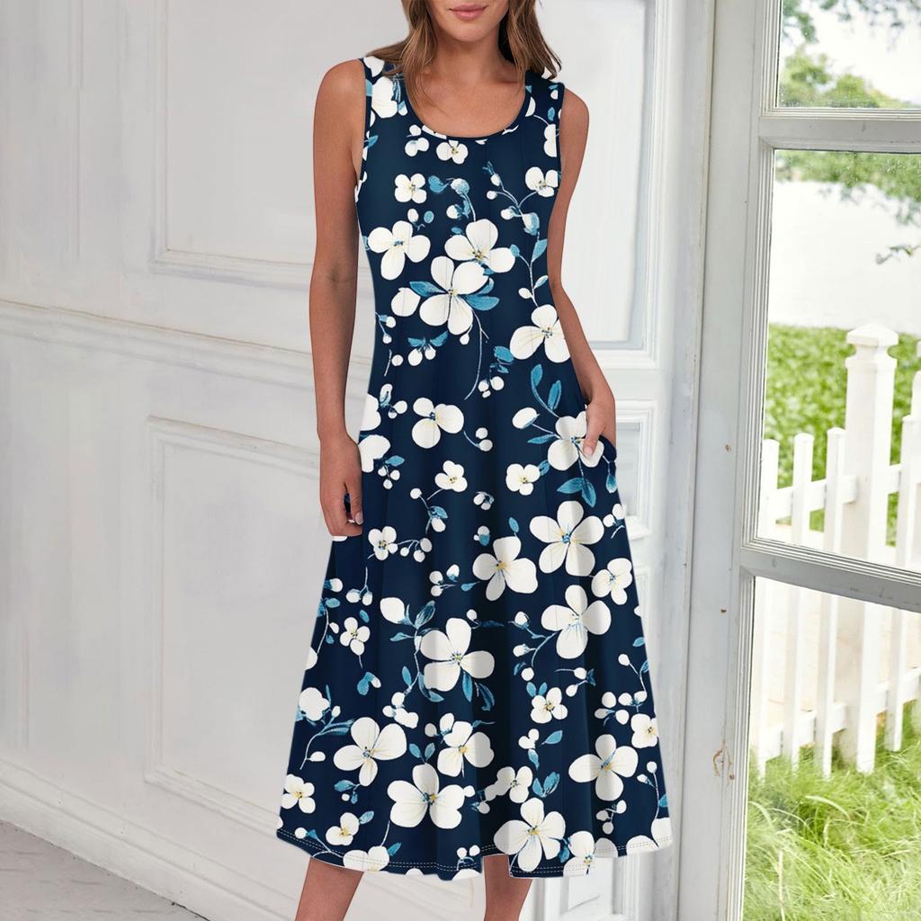 Women's Casual Fashion Floral Print Round Neck Sleeveless Midi Dress