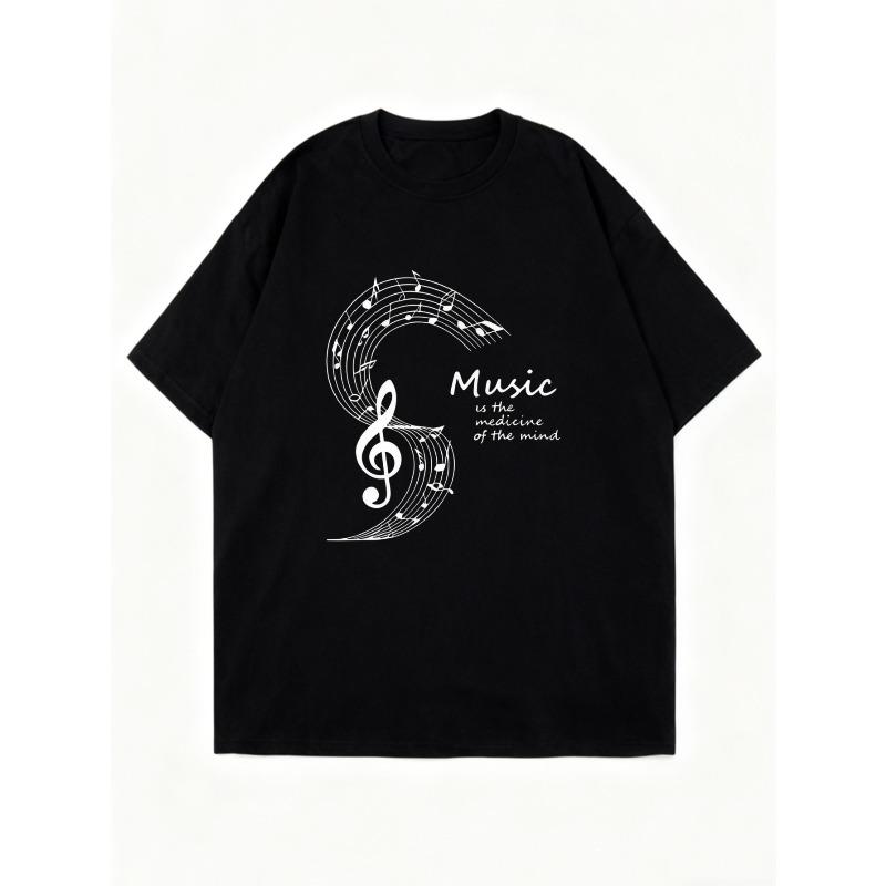 Music Is The Medicine Of The Mind T Shirt Black Music Notes And Treble Clef Print Casual Wear For Women