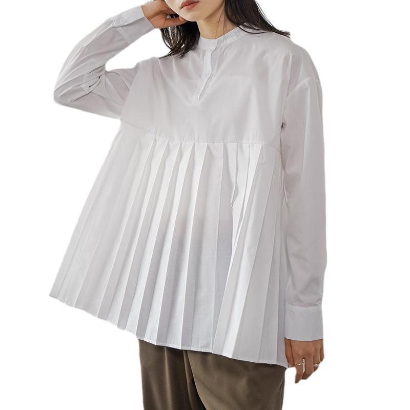 Spring Loose Solid Color Pleated Shirt, Women's Medium and Long Bottoming Shirt