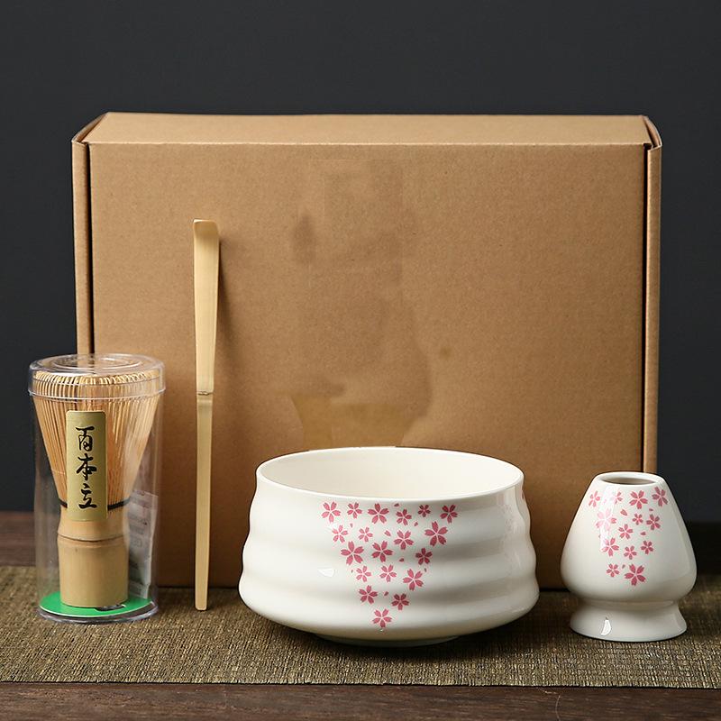 4PCS Japanese Matcha Tea Set Bamboo Whisk Scoop Ceramic Matcha Bowl Traditional Indoor Handmade Tea-making Tools Birthday Gift
